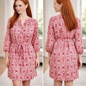 Maeve Anthropologie Red White Ikat Print V Neck Belted Shirt Dress Size XS
